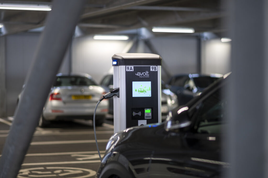 Image of electric vehicle charging point within a modular car park